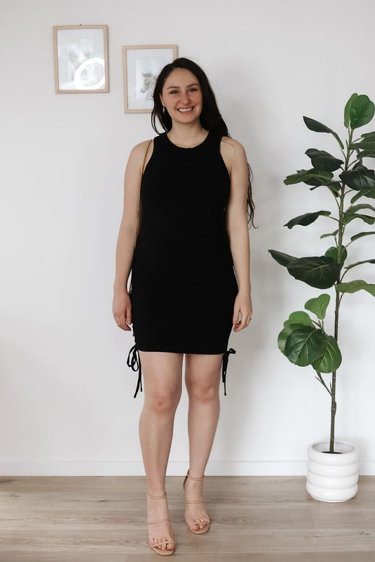 Black ribbed mini dress with breastfeeding access